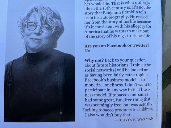 Screen shot of an interview with Jill Lepore, published in Time, September 4, 2023, page 60. 