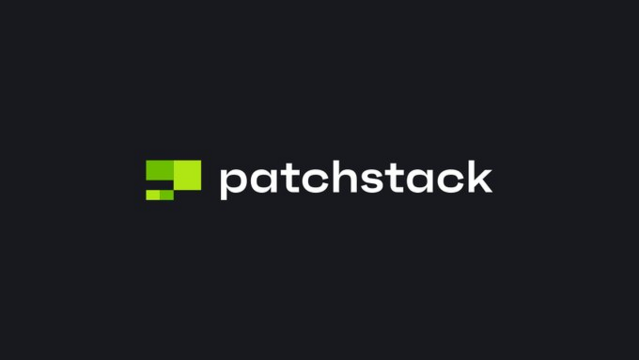 Patchstack  logo on black background. 
Logo text is white and lowercase: patchstack.
Logomark is a grid of 16 rectangles, 4 by 4.

First row: 2 medium green, 2 lime green,
Second row: 2 medium green, 2 lime green,
Third row: 2 black, 2 lime green,
Fourth row: 1 medium green, 1 lime green and two black. 

The black rectangles are transparent.