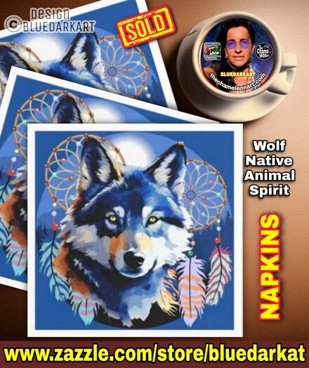 Wolf Native Animal Spirit ● Art Copyright Bluedarkart TheChameleonArt ● Here printed on paper Napkins, available for sale in the BluedarkArt Zazzle Store
