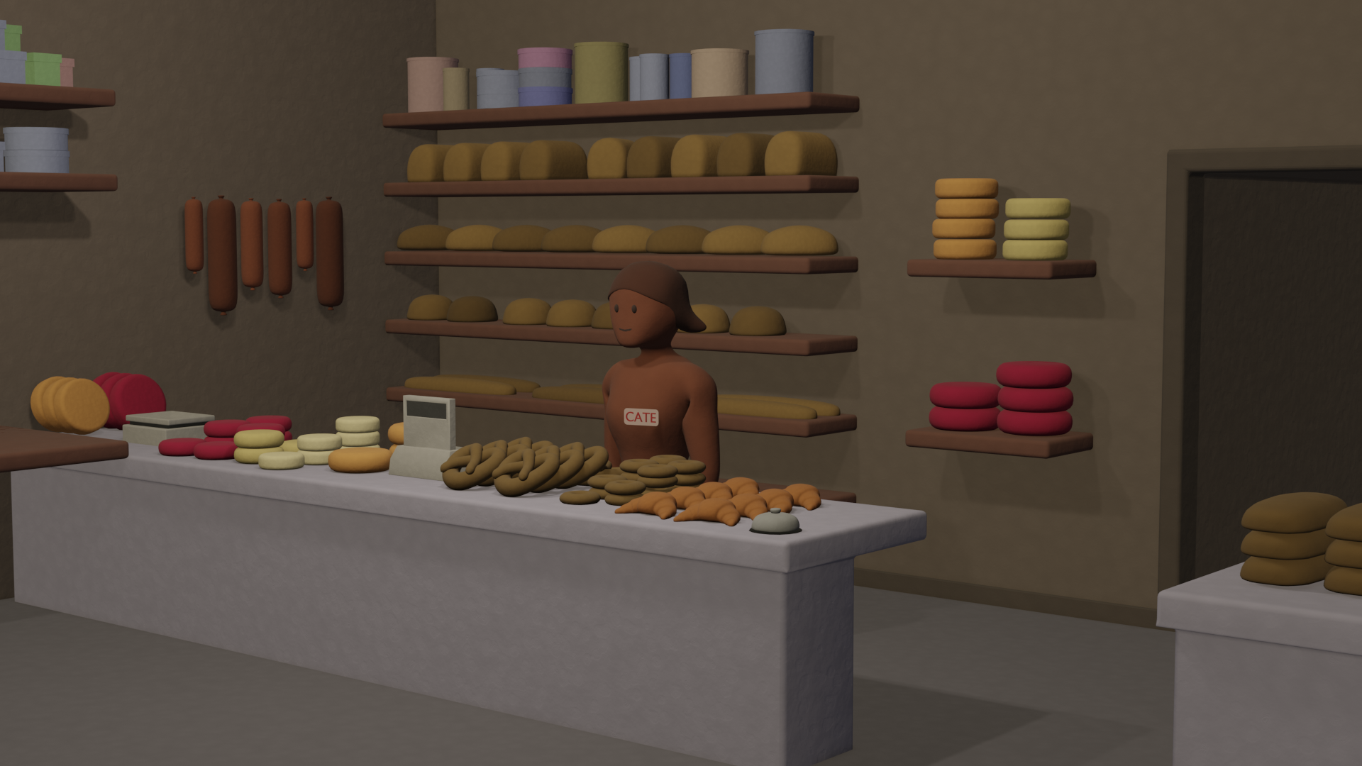 A low poly scene with clay-ish rendering showing a person with a nametag saying "Cate" standing at a counter covered in various breads, pastries and cheeses. In the background, shelves contain more breads, cheeses and meats.