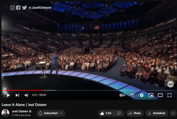 Leave It Alone | Joel Osteen
https://www.youtube.com/watch?v=3fFG9Sz8vaA
244,760 views  28 Aug 2023  #JoelOsteen
There are some situations that only God can change. Instead of forcing things to happen, trust Him to work everything out for your good.

🛎 Subscribe to receive weekly messages of hope, encouragement, and inspiration from Joel! http://bit.ly/JoelYTSub

Follow #JoelOsteen on social 
Twitter: http://Bit.ly/JoelOTW 
Instagram: http://BIt.ly/JoelIG 
Facebook: http://Bit.ly/JoelOFB