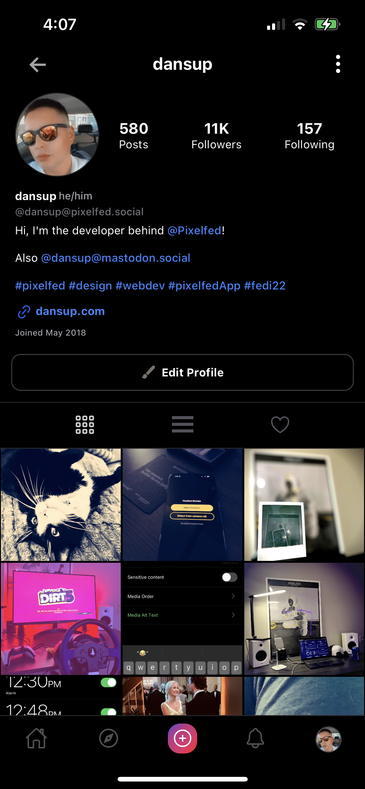 before pixelfed app profile, with bio