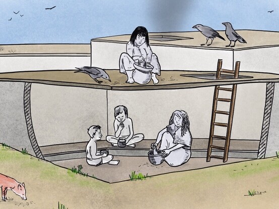 Illustration of a Neolithic house with a woman sitting on the roof, working with a pestle in a stone plate on top of another stone vessel and another women inside the house using mortar and pestle, next to here two kids eating from small bowls.