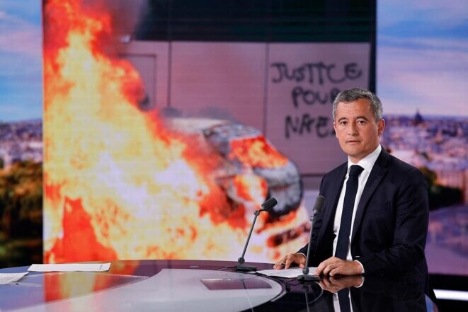 Gérald Darmanin sur le plateau de TF1, le 30 juin 2023, pour réagir aux violences urbaines après la mort de Nahel © Photo Ludovic Marin / AFP