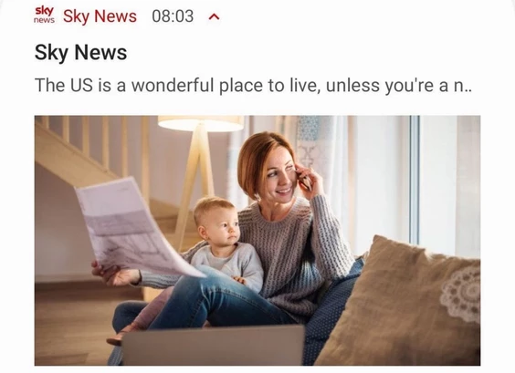 Image of a news headline by Sky News, in which the headline is cut off. The title is "The U S Is a wonderful place to live, unless you're a n.." implying its the N word.