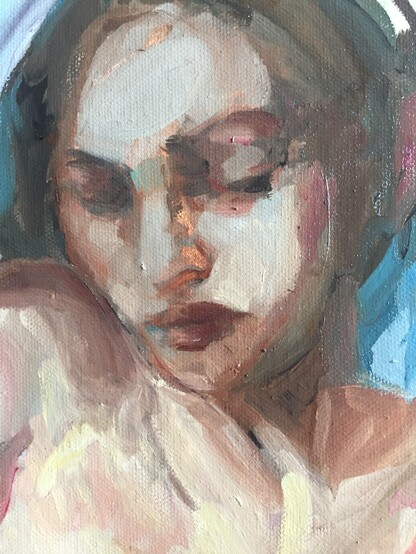 Painting of the head of a woman looking down, head against one shoulder. 