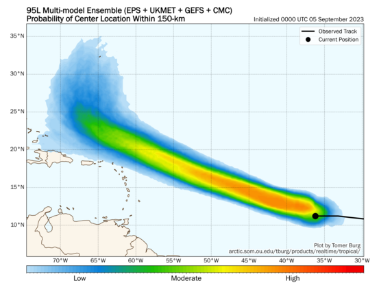 A density plot of 95L's future track which keeps it most likely north of the Caribbean islands but may bring it close to Bermuda on its way out to sea.