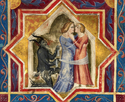 #Devil and lovers. ‘Bible historiée toute figurée’, Naples ca. 1350. Paris, BnF, Français 9561, fol. 8v.