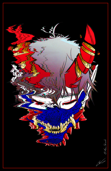 glitched oni-masked character on black bg outlined in red