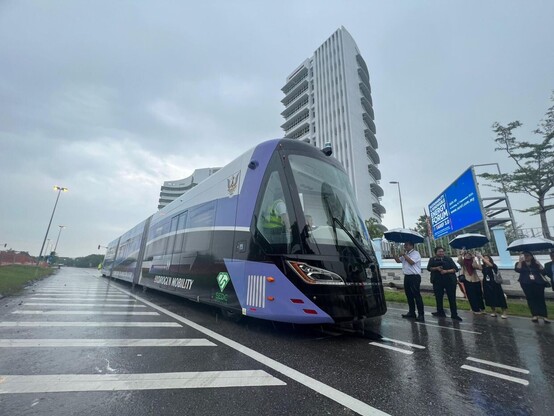 A hydrogen ART vehicle on a road in Kuching for an engineering test run.