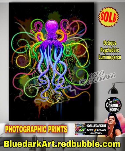 Octopus Psychedelic Luminescence ● Art Copyright BluedarkArt ● Here printed on Photographic Prints, available for sale in the BluedarkArt Redbubble Shop