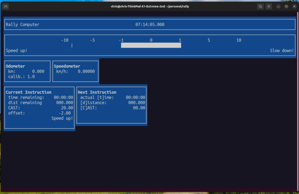 A terminal showing a curses application. Blue boxes filled with white text. The top box is labelled "rally computer" and shows the time. Then there's a box that shows a gauge that indicates between -10 and 10 seconds, labelled Speed Up! and Slow down! then an odometer, and a speedometer, and a box labelled Current Instruction and Next Instruction