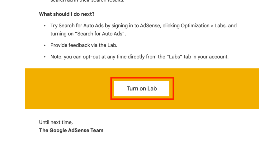 "Turn on Lab" button in the mail from AdSense
