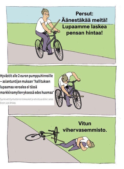 Kolmen ruudun pyöräilysarjakuva.
Ensimmäinen ruutu: Mies ajaa polkupyörällä keppi toisessa kädessä. Teksti: Persut: Äänestäkää meitä! Lupaamme laskea pensan hintaa!
Toinen ruutu: Mies laittaa kepin pinnojen väliin. Teksti: Hyvästit alle 2 euron pumppuhinnoille – asiantuntijan mukaan ”hallituksen lupaamaa veroalea ei tässä markkinamyllerryksessä edes huomaa”
Syynä ovat öljyntuotannon leikkaukset ja vahvistuva dollari, sanoo Biosin Jussi Ahokas.
Kolmas ruutu: Mies makaa maassa kaatuneena ja pitelee polveaan. Teksti: Vitun vihervasemmisto.