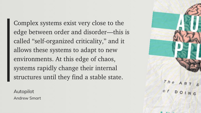 "Complex systems exist very close to the edge between order and disorder—this is called “self-organized criticality,” and it allows these systems to adapt to new environments. At this edge of chaos, systems rapidly change their internal structures until they find a stable state." (Andrew Smart, Autopilot)