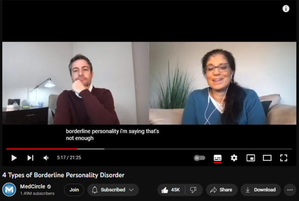 4 Types of Borderline Personality Disorder
https://www.youtube.com/watch?v=kNi9bEeFOQU
1,782,932 views  Premiered on 4 Feb 2021  #BorderlinePersonalityDisorder #MedCircle #bpd
Learn more about borderline personality disorder here: https://my.medcircle.com/3DLNOvW

In this video, MedCircle host, Kyle Kittleson, and Clinical Psychologist & BPD expert Dr. Ramani Durvasula discuss how to spot the four types of Borderline Personality Disorder, also known as, BPD. Not every BPD diagnosis looks the same. They also discuss whether the types of treatment differ for each type of BPD.

#BorderlinePersonalityDisorder #MentalHealth #MedCircle #mentalhealthawareness #mentalhealthmatters #mentalhealthsupport #bpd