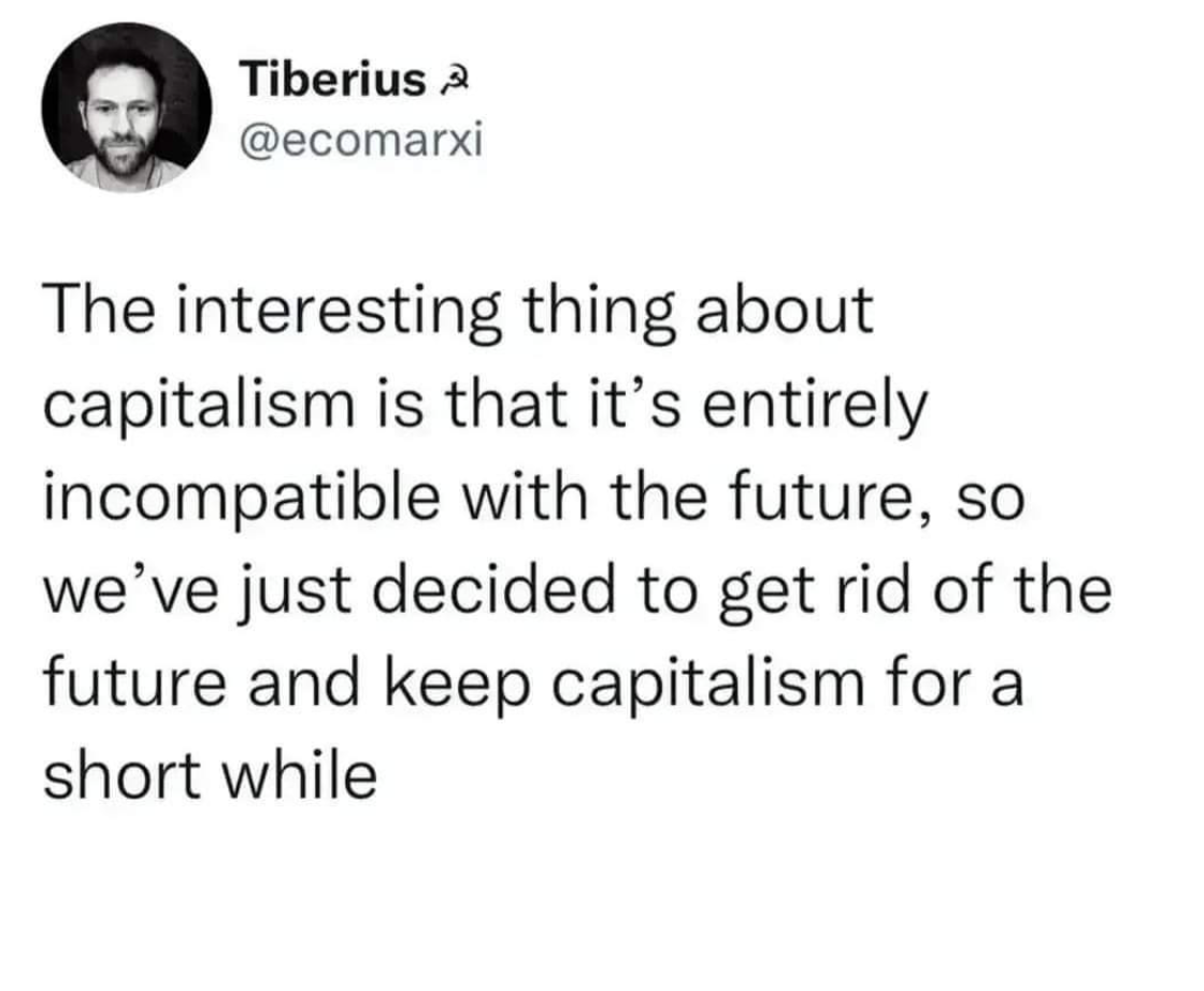 Einen Tweet von einem User namens Tiberius mit dem Text: "The interesting thing about capitalism is that it's entirely incompatible with the future, so we've just decided to get rid of the future and keep capitalism for a short while."