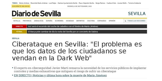 Sevilla y la Dark Web
Titulares Diario De Sevilla 2023 Sept.08