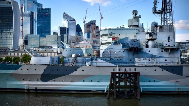 HMS Belfast in foreground, City of London skyscrapers in background