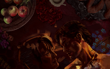 Cropped snippet from a digital painting of will and hannibal from the nbc TV show surrounded by fresh fruit and flowers.