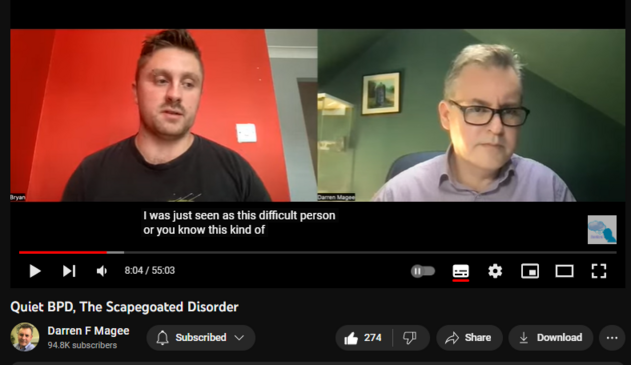 Quiet BPD, The Scapegoated Disorder
https://www.youtube.com/watch?v=-QDJClp_Wh0
5,689 views  2 Oct 2022  #borderlinepersonalitydisorder #bpd
Borderline Personality Disorder is part of the Cluster B Group of personalities, characterised by dramatic, overly emotional or unpredictable thinking and behaviours. Key characteristics of BPD include emotional dysregulation and a fear of abandonment.

In this video Darren Magee talks with mental health advocate Bryan Ingram about his experiences living with Quiet Borderline, a subtype of BPD where many of the symptoms and characteristics are internalised which can lead to constant rumination, self doubt and difficulties asserting boundaries. Bryan speaks candidly about his experiences growing up, his relationship with himself as well as others, and how he feels it is the 'scapegoat' disorder, for not only being held accountable for how others feel, but also being criticised and rejected when feeling hurt.