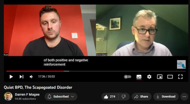 Quiet BPD, The Scapegoated Disorder
https://www.youtube.com/watch?v=-QDJClp_Wh0
5,689 views  2 Oct 2022  #borderlinepersonalitydisorder #bpd
Borderline Personality Disorder is part of the Cluster B Group of personalities, characterised by dramatic, overly emotional or unpredictable thinking and behaviours. Key characteristics of BPD include emotional dysregulation and a fear of abandonment.

In this video Darren Magee talks with mental health advocate Bryan Ingram about his experiences living with Quiet Borderline, a subtype of BPD where many of the symptoms and characteristics are internalised which can lead to constant rumination, self doubt and difficulties asserting boundaries. Bryan speaks candidly about his experiences growing up, his relationship with himself as well as others, and how he feels it is the 'scapegoat' disorder, for not only being held accountable for how others feel, but also being criticised and rejected when feeling hurt.

Bryan can be followed on Twitter, YouTube and TikTok
TikTok: https://www.tiktok.com/@bpdbryan 
Instagram: https://www.instagram.com/bpdbryan/?h...