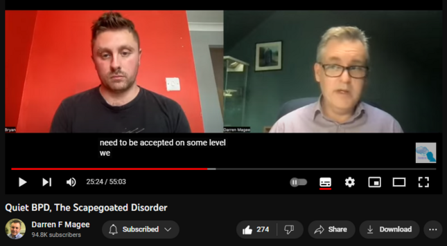 Quiet BPD, The Scapegoated Disorder
https://www.youtube.com/watch?v=-QDJClp_Wh0
5,689 views  2 Oct 2022  #borderlinepersonalitydisorder #bpd
Borderline Personality Disorder is part of the Cluster B Group of personalities, characterised by dramatic, overly emotional or unpredictable thinking and behaviours. Key characteristics of BPD include emotional dysregulation and a fear of abandonment.

In this video Darren Magee talks with mental health advocate Bryan Ingram about his experiences living with Quiet Borderline, a subtype of BPD where many of the symptoms and characteristics are internalised which can lead to constant rumination, self doubt and difficulties asserting boundaries. Bryan speaks candidly about his experiences growing up, his relationship with himself as well as others, and how he feels it is the 'scapegoat' disorder, for not only being held accountable for how others feel, but also being criticised and rejected when feeling hurt.

Bryan can be followed on Twitter, YouTube and TikTok
TikTok: https://www.tiktok.com/@bpdbryan 
Instagram: https://www.instagram.com/bpdbryan/?h...
