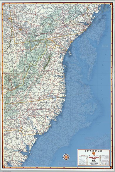 Petrofuture map of the Mid-Atlantic states.

66m sea level rise on a 1956 vintage Shell Oil gas station map