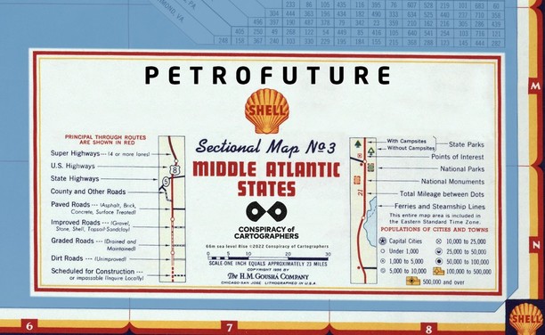 Detail of Petrofuture map of the Mid-Atlantic states.

66m sea level rise on a 1956 vintage Shell Oil gas station map
