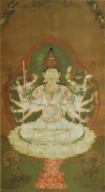 #Juntei #Butsumo, 'Juntei, Mother of #Buddhas' with flying apsara #angels above and #naga #dragon attendants below at Kōryū-ji in Kyoto, #Japan. Color on silk dating to the #Kamakura period (1185-1333).
#BuddhistArt #Buddhism