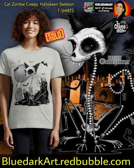 Cat skeleton halloween design Copyright BluedarkArt TheChameleonArt ● Here printed on T-shirts, available for sale in the BluedarkArt Redbubble Shop