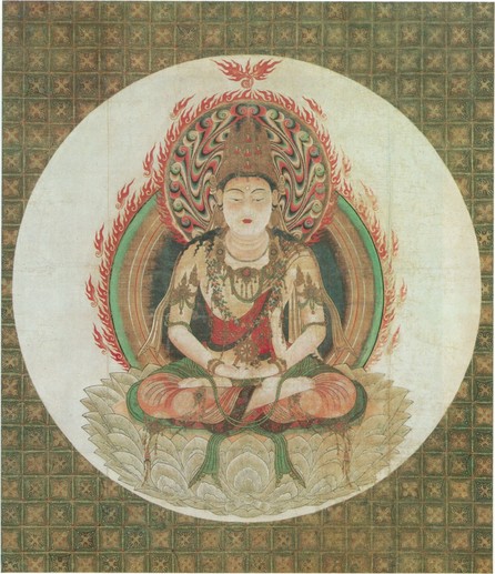 A hanging scroll (#kakemono) of the #cosmic #buddha #Dainichi #Nyorai (大日如来) in his regal 'Golden Wheel' (大日金輪) manifestation at Daigo-ji (醍醐寺) in #Kyoto, #Japan.. Color on silk, dating to the 13th century.
#BuddhistArt #Buddhism