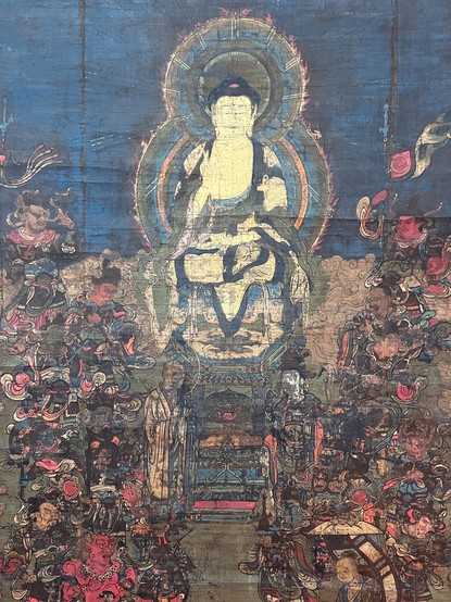 Detail of a hanging scroll (#kakemono), #Kamakura period (1185-1333) depicting #Buddha #Shakyamuni (#Shaka #Nyorai) surrounded by the 16 Divine Protectors of the Great Wisdom Sutra displayed during the Setsubun spring chanting of the sutra on February 3rd at the Great Lecture Hall of Tsubosakadera Temple (壺阪寺) in Takatori, Nara Prefecture, #Japan
#BuddhistArt #Buddhism