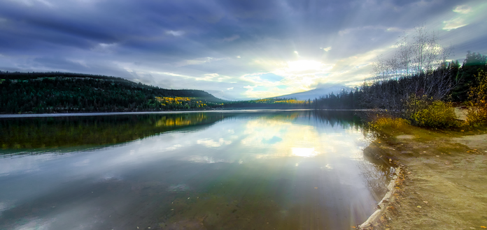 Sun rising over Pyramid Lake, Jasper Alberta.