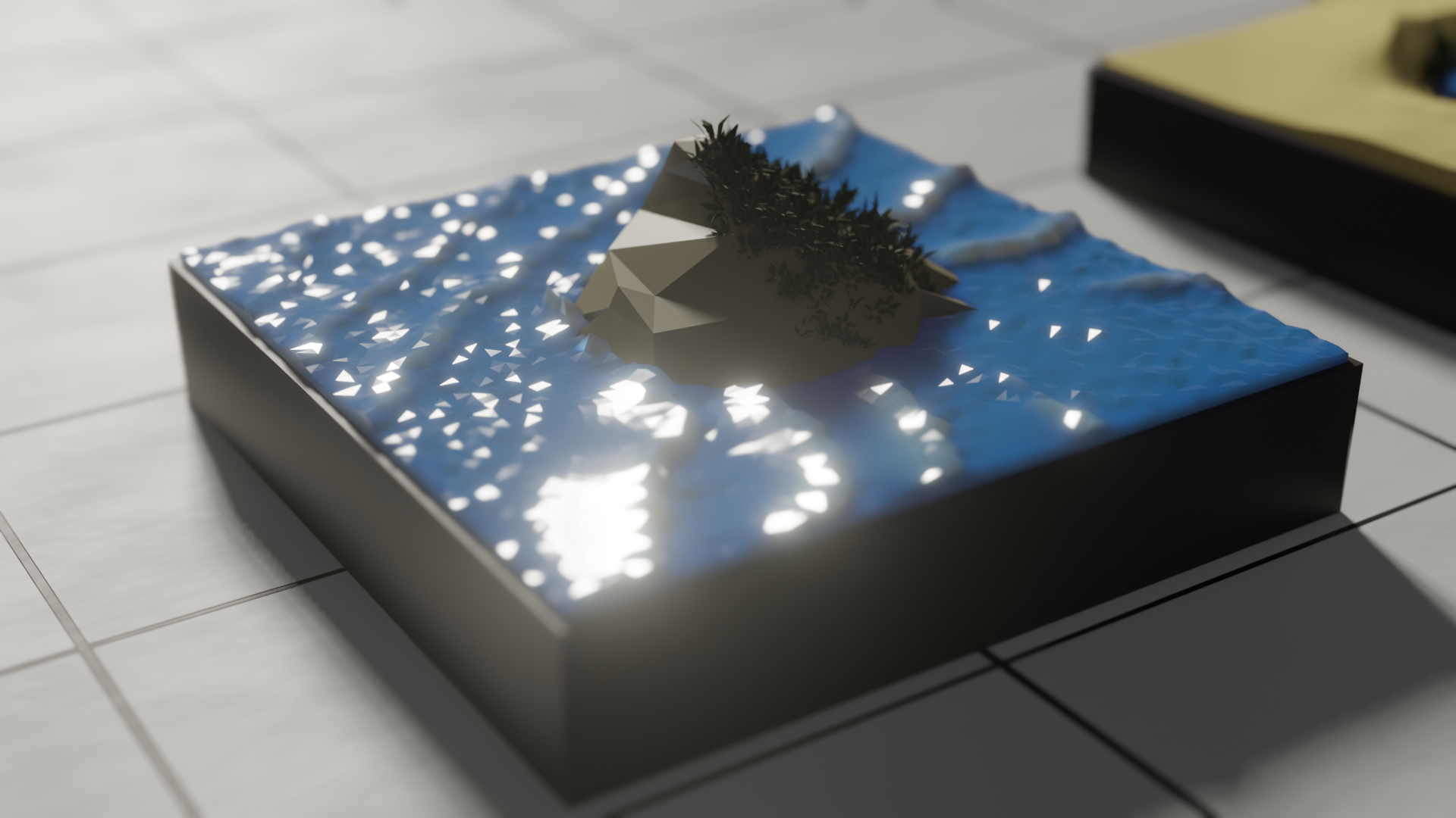 A low poly island jutting above a square of ocean, shallow waves crashing gently against its steep side. On the shallow leeward side, some greenery grows. Light shimmers and blooms on the water