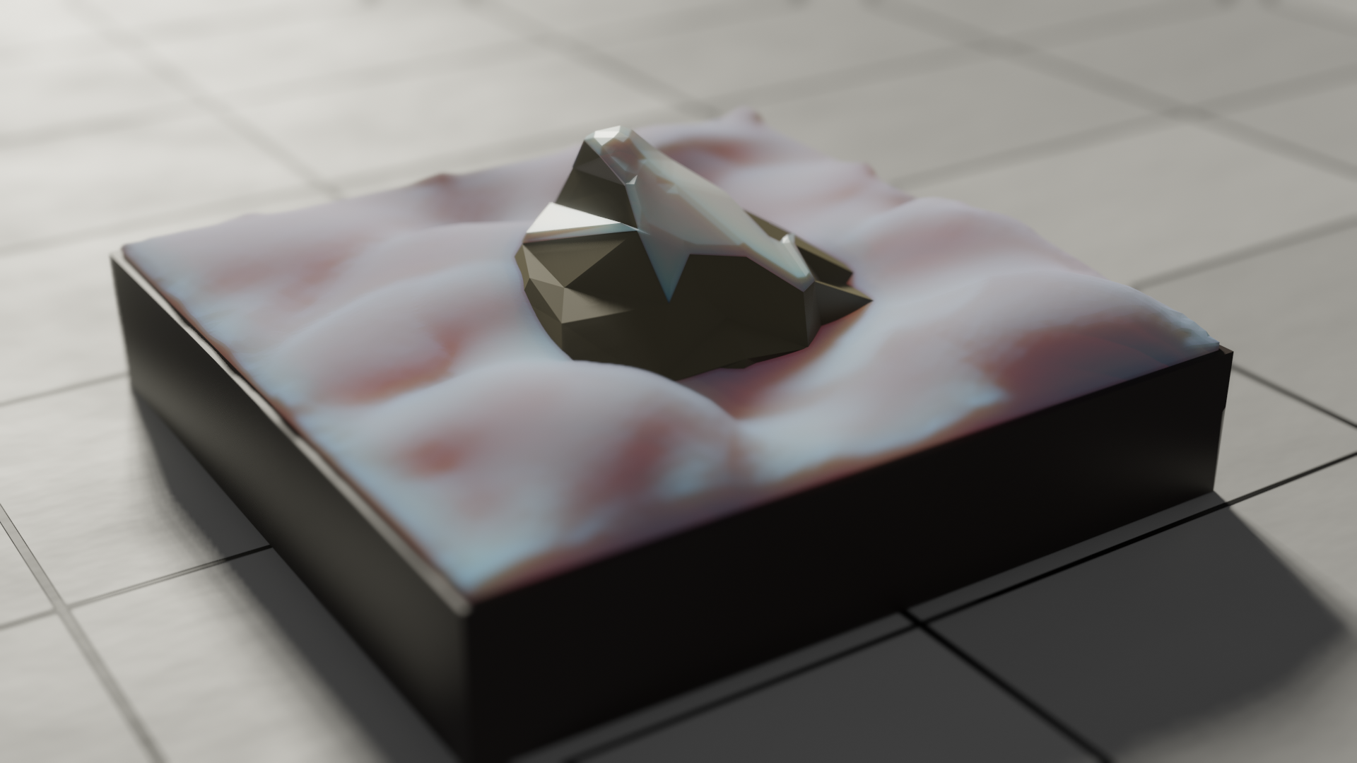 A low poly mountain jutting above a square of clouds, a coating of snow shrouds the peak. The surrounding clouds look dense, but soft. Light reflects off the snow