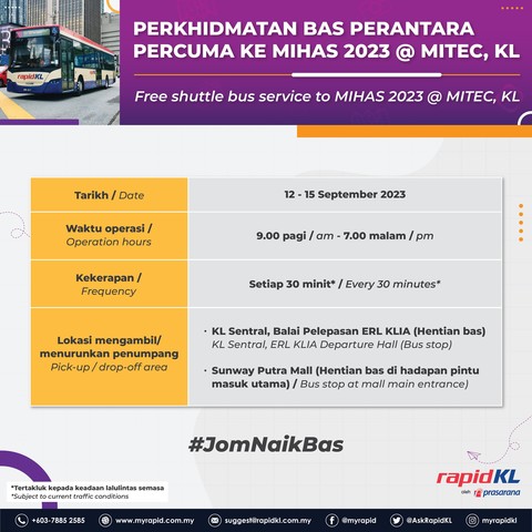 A poster by Rapid KL informing users that free shuttle bus service is provided for MIHAS 2023.