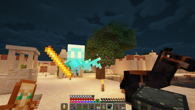 en bleu clair : le petit saligaud à qui j'ai confié un bâton de blaze pour qu'il me les ramasse hier dans la forteresse.... (autour, un décor de village du désert et mon cheval noir scellé, dans Minecraft) 

ce petit saligaud a ensuite disparu, me laissant seule avec les blazes, mais réapparaissant quand je suis rentrée à la maison pour me faire voir son bâton.
"tavu j'ai un bâton de blaze pour toi !!"

c'est moi qui te l'ai donné tête de mort --' !! 

