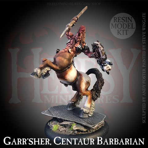 A rearing Centaur warrior, half warhorse, half plains barbarian, wielding a spear and trollhide shield