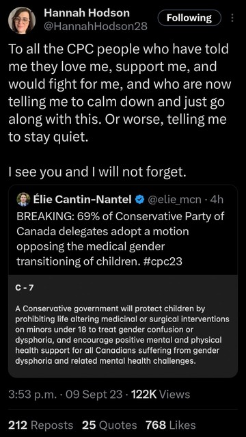 Image of tweet reading: "BREAKING: 69% of Conservative Party of Canada delegates adopt a motion opposing the medical gender transitioning of children. A Conservative government will protect children by prohibiting life altering medicinal or surgical interventions on minors under 18 to treat gender confusion or dysphoria, and encourage positive mental and physical health support for all Canadians suffering from gender dysphoria and related mental health challenges."