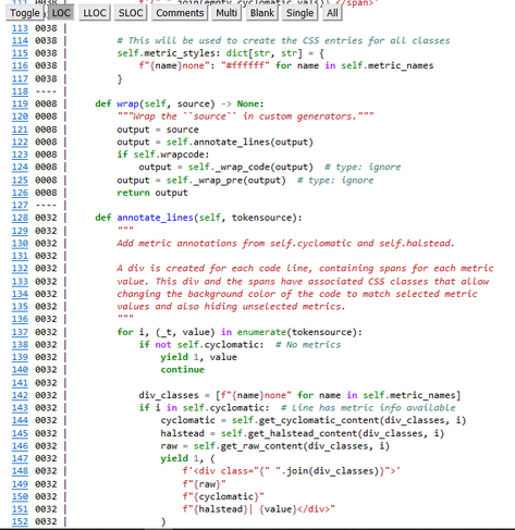 A view of highlighted Python source code shows parts of three methods. On the left, a column of blue numbers represent line numbers, while black numbers represent the Lines of Code of each method.

On the top there are buttons labelled "Toggle", "LOC", "LLOC", "SLOC", "Comments", "Multi", "Blank", "Single", "All". The button with "LOC" in it is selected.