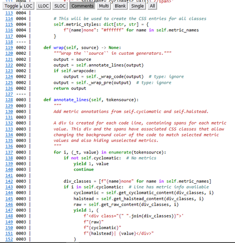 A view of highlighted Python source code shows parts of three methods. On the left, a column of blue numbers represent line numbers, while black numbers represent the number of comments of each method.

On the top there are buttons labelled "Toggle", "LOC", "LLOC", "SLOC", "Comments", "Multi", "Blank", "Single", "All". The button with "Comments" in it is selected.