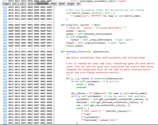 A view of highlighted Python source code shows parts of three methods. On the left, a column of blue numbers represent line numbers, while seven columns of black numbers represent different metrics of each method, corresponding to the buttons above.

On the top there are buttons labelled "Toggle", "LOC", "LLOC", "SLOC", "Comments", "Multi", "Blank", "Single", "All". The button with "Comments" in it is selected (but all metrics are shown).