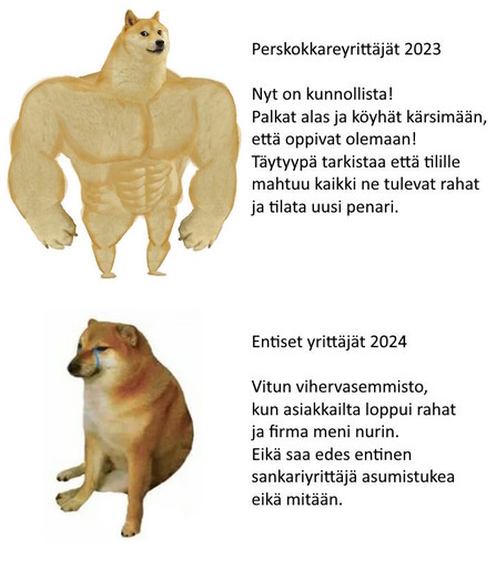 Buff doge:
Perskokkareyrittäjät 2023: Nyt on kunnollista! Palkat alas ja köyhät kärsimään, että oppivat olemaan! Täytyypä tarkistaa että tilille mahtuu kaikki ne tulevat rahat ja tilata uusi penari.

Sad doge:
Entiset yrittäjät 2024: Vitun vihervasemmisto, kun asiakkailta loppui rahat ja firma meni nurin. Eikä saa edes entinen sankariyrittäjä asumistukea eikä mitään.