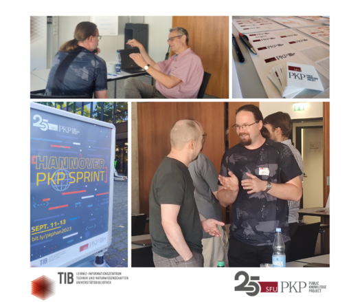PKP Hannover sprint day 1, attendees talking, PKP stickers, and Banner at TIB Hannover