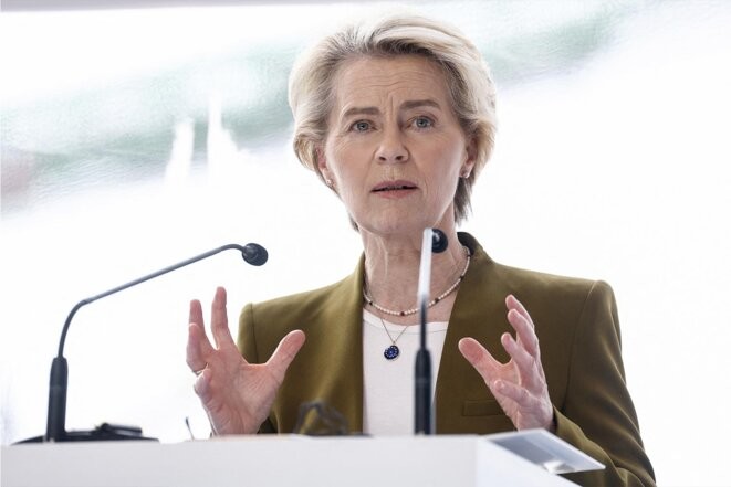 Ursula von der Leyen s'exprime lors du sommet sur la mer du Nord à Ostende, le 24 avril 2023. © Kenzo Tribouillard / AFP