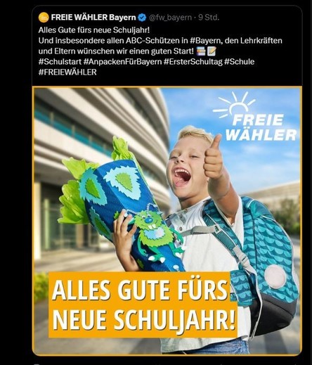 Text-Bild-Kombination von Freie Wähler Bayern: Alles Gute fürs neue Schuljahr!
Dazu ein blonder Junge mit Ranzen und Schultüte.