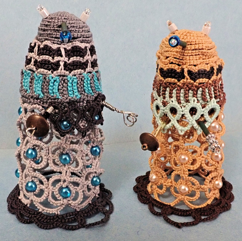 The “Dalek” character from Doctor Who in tatted lace with beads and bits of wire