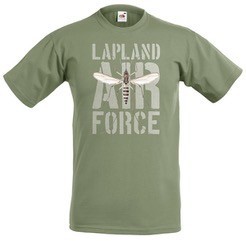 T-shirt med texten "Lapland air force" och en 25 centimeter stor mygga tryckt på bröstet...