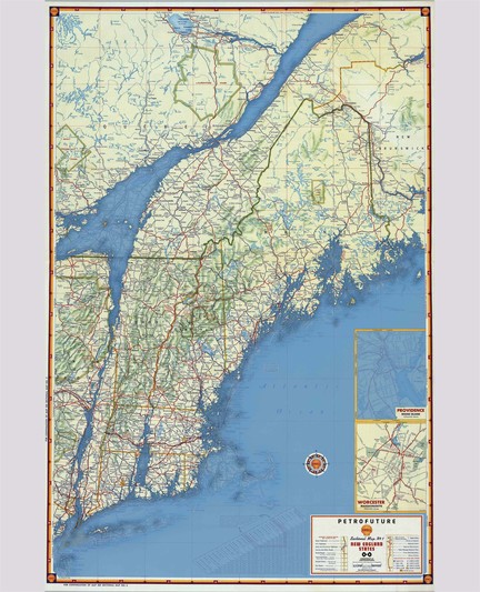New England Petrofuture map--
66m meters of sea level rise on a 1956 Shell gas station map
The maps shows New York State, Connecticut, Vermont, Massachusetts, Maine, parts of New Brunswick and Ontario.